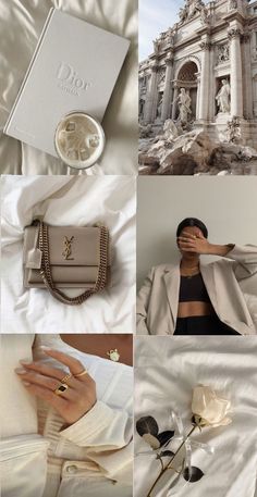 the collage shows many different things in white and beige colors, including a woman's handbag