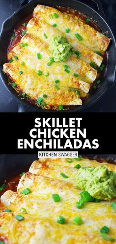 skillet chicken enchiladas in a cast iron skillet with text overlay