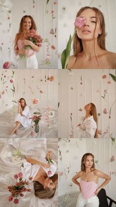 the woman is posing in her wedding dress with flowers all over her face and body