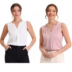 Made from a lightweight and comfortable chiffon fabric, this blouse allows air circulation to ensure maximum breathability and comfort. The basic but classic design makes this shirt never out of style. It can be matched with a variety of styles of bottoms. This sleeveless blouse tank shows off a slimmer elegant fashionable look that goes great with business attire such as a hip-hugging skirt, wide-leg pants, suit pants, and high heels. Whether you're dressing up for the office, heading out for a night on the town or just lounging around with friends, this versatile blouse is sure to become a staple in your wardrobe. Solid Chiffon Tops For Work, Feminine Sleeveless Blouse Tank Top For Work, Feminine Chiffon Top For Work, Sleeveless Blouse For Office Wear, Sleeveless Office Wear Blouse, Pink Sleeveless Top For Work, Elegant Sleeveless Chiffon Blouse, Pink Chiffon Top For Workwear, White Chiffon Top For Work