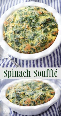 spinach souffle in a white dish on a blue and white striped tablecloth