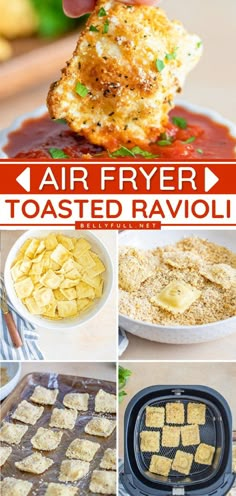 collage of images showing different types of air fryer toasted ravioli