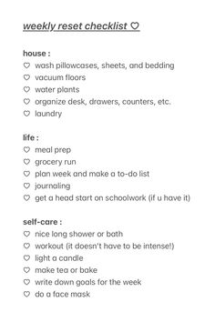 let’s get organized and ready to take on the week! 🧹      #organization #reset How To Be More Organized Life, How To Get More Organized Life, Productive Weekly Schedule, Weekly Things To Do, Life Reset Checklist 2025, Things To Do Daily Weekly Monthly, Weekly Reset Routine Checklist, Sunday Reset Checklist Cleaning