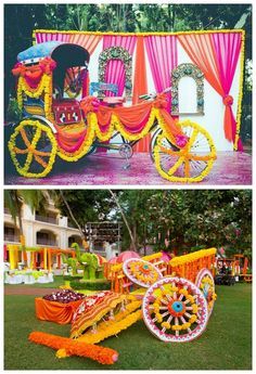 an elaborately decorated horse drawn carriage with orange and yellow flowers on the front, and pink drapes in the back