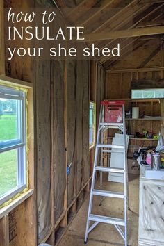 a ladder is in the middle of a room with wooden walls and siding on it