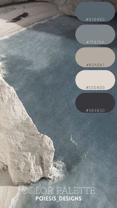 an aerial view of the ocean and cliffs with text overlaying it that reads color palette poisis designs