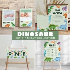 dinosaur themed birthday collection for one year old boy with photos and name on the front