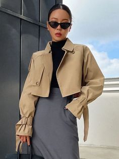 DAZY Buckle Raglan Sleeve Epaulettes Design Crop Trench Coat | SHEIN USA Short Trench Coat, Night Outfits, Trench Coats, Grey Fashion, Windbreaker Jacket