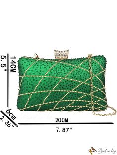 BirdinBag - Green Rhinestone Chain Evening Clutch: Luxurious Party Bag with Exquisite Decor Embellished Rectangular Clutch For Banquets, Embellished Rectangular Clutch For Banquet, Gold Rhinestone Evening Bag For Banquets, Party Shoulder Bag With Rhinestones And Crystal Material, Rectangular Clutch With Rhinestones For Banquet, Green Evening Bag With Chain Strap, Green Clutch Shoulder Bag For Party, Green Clutch With Chain Strap For Formal Occasions, Green Formal Clutch With Chain Strap