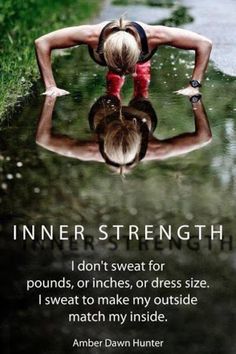 a woman doing yoga in the water with her back turned to the camera and an inner strength quote below