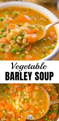 vegetable barley soup with carrots and peas in a white bowl