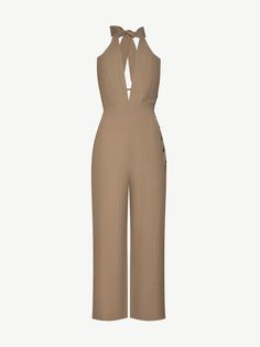 Wueste Keoni Tan pinstripe linen suiting jumpsuit Dress Layers, Fabric Care Labels, Mexico Trip, Dress Layer, Tan Dress, Breathe Easy, Halter Jumpsuit, Linen Jumpsuit, Tan Dresses