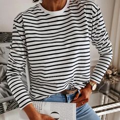 Women Black And White Stripes O Neck Casual Tops Long Sleeve Loose Pullover T-shirt 2021 Srping New Fashion Korea Shirt Chic Cotton Crew Neck Long Sleeve Top, Chic Long Sleeve Cotton Crew Neck Top, Chic Cotton Long Sleeve Crew Neck Top, Chic Striped T-shirt With Crew Neck, Trendy Striped Long Sleeve T-shirt, Chic Long Sleeve T-shirt For Fall, Black Casual Long Sleeve Top For Summer, Casual Black Long Sleeve Top For Summer, Chic Long Sleeve Spring T-shirt