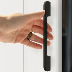 a person's hand is holding the door handle on a white door with black handles