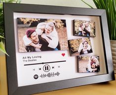 a photo frame with four different pictures on it and a plant in the corner next to it