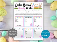 a printable easter bunny candy crams game with eggs and candies around it