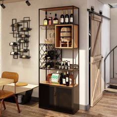 a wine rack with bottles on it next to a dining room table