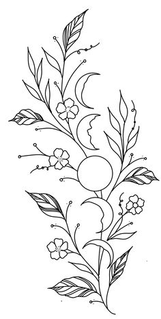 a drawing of flowers and leaves on a white background