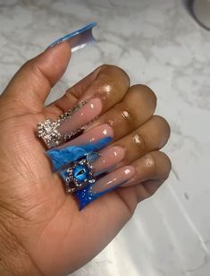 Blue Junk Nails, Exotic Nails Acrylic, Nails Poses, Gemini Birthday Nails, Bling Stiletto Nails, Nails Aesthetics, Poppin Nails, Bday Nails, American Nails