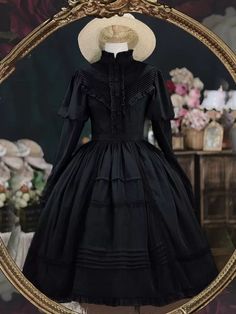 Luxury Black Victorian Dress With Ruffles, Vintage Black Long Sleeve Dress, Dark Academia Fitted Ruffle Dress, Dark Academia Fitted Dress With Ruffles, Black Vintage Dress With Ruffles For Fall, Black Long Sleeve Victorian Dress For Fall, Black Victorian Dress With Long Sleeves For Fall, Dark Academia Fitted Dresses For Spring, Fitted Dark Academia Dresses For Spring