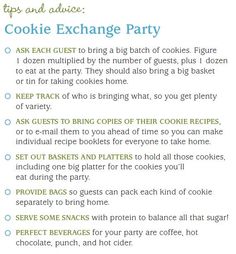 a recipe for cookie exchange party is shown in the middle of this page, which includes cookies