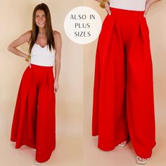 Model is wearing a pair of red pants with pleated detail on the front and a super wide leg. Model has it paired with a white tank top, ivory heels, and silver jewelry. Giddy Up Glamour, All Shapes, New Pant, Leg Pants, Wide Leg Pants, Elastic Waist, Zip Ups, Wide Leg, Plus Size