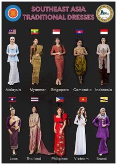 an advertisement for southeast asia traditional dresses in different colors and styles, including the national flag