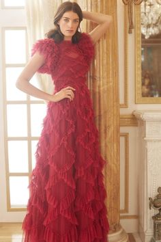 Glamorous Tulle Gown With Ruffles, Red Tulle Gown With Ruffles, Red Floor-length Ruffled Gown, Glamorous Red Evening Dress With Ruffles, Glamorous Red Gown With Ruffles, Red Ruffled Evening Dress For Wedding, Needle And Thread Dress, Thread Dress, Rose Gown