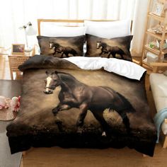 a bed with a horse on it in a room