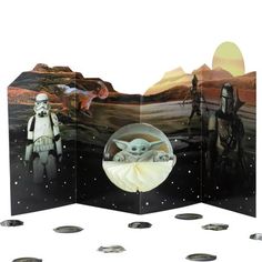 star wars pop up card with an image of yoda and baby yoda in the background