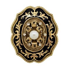 A large and elaborate cocktail ring designed in the Victorian style. It features 6 round-cut diamonds along with a sweet pearl in the center over a ribbon of gold. Hand-painted black enamel decorated the top of the ring with stars on the ribbon folds as well as filigree design around the outer perimeter of the ring. Beaded gold accents are applied along the border for an added unique style. Made in 18k yellow gold and ready to be worn! Ring Size 7.50 Cocktail Ring Designs, Gold Cocktail Ring, Gold Cocktail, Filigree Design, Gold Enamel, Victorian Style, Cocktail Ring, Black Enamel, Round Cut Diamond