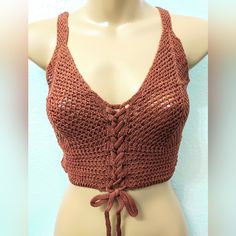 Super Cute Boho Knit Crop Top Perfect For Festival (Coachella) Attire Could Be Worn As Is Or As A Cover Up Fitted V-neck Crochet Top, Casual Brown Crochet Top With Open Knit, Casual Brown Open Knit Crochet Top, V-neck Knit Top With Crochet Lace, Knit V-neck Top With Crochet Lace, V-neck Crochet Trim Knit Top, Crochet Lace Knit V-neck Top, Crochet Knit V-neck Tops, Fitted V-neck Crochet Knit Top