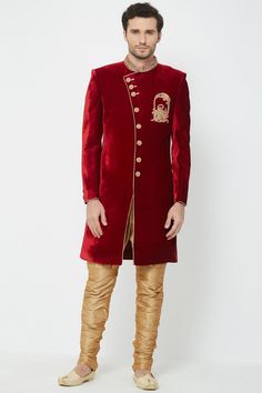 Buy Men's Velvet  Embroidery  Sherwani Set in Maroon  Online Velvet Sherwani, Velvet Embroidery, Silk Anarkali, Golden Art, Silk Clutch, Beige Stone, Brocade Blouses, Fancy Buttons, Embroidery Top