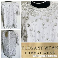 This beautiful white top with silver beading and sequins by Elegant Wear is elegant in a plus size, appropriately 2X. It has never been worn, new with tags.  It is comfortable with a zipper back and half length sleeves, clean and can be hand washed, air dried.  Approximate Measurements: Bust 50" Waist 46" Hips 56" Length 23-27" Sleeve length 15" Labeled 1X but measures, like a current 2X. Please measure carefully for a perfect fit.  This has never been worn and still has the original sales tag a Formal Top, Elegant Wear, Formal Tops, Scalloped Hem, A Plus, Bead Designs, White Top, White Tops, Formal Wear