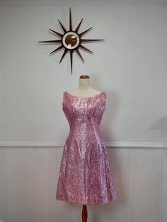 Vintage 1950s barbie pink tinsel party dress. This dress is an absolute dream, and extremely rare. It has been professionally hand made. Measurements: Bust 36" (underarm to underarm) Underbust seam 30" Waist 27" ( Hips 36"-38" (depending where measured) Total length 39" Length from top of straps to underbust seam 11.5" Length top of straps to waist 15" In excellent condition, noting a couple of tiny dark spots at the bottom of the chiffon, only picked up on these when photographing (haven't trie 1950s Barbie, 1960s Dresses, Vintage 1950s, Dark Spots, Party Dress, Art Collection, Dress Outfits, Bathing Beauties, Chiffon