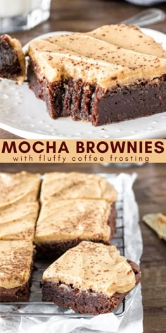 chocolate brownies with fudge frosting are on a white plate and one is cut in half