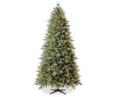 a christmas tree with lights on it and a black stand in front of a white background