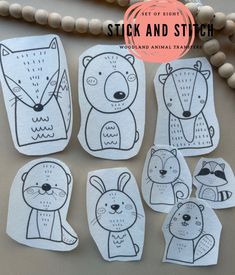 six stickers with animals on them and the words stick and stitch written in black ink