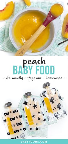 peach baby food is in a bowl and on the table