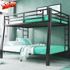 the bunk bed is made with metal frame and green mattress covers on it's sides