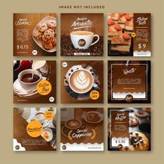 a set of six postcards with coffee and pastries on them, including an image not included