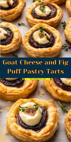 These Goat Cheese and Fig Puff Pastry Tarts are a perfect blend of creamy goat cheese, sweet fig jam, and flaky puff pastry. Topped with fresh thyme, they’re an irresistible appetizer or party bite.

Ingredients:

½ batch rough puff pastry (or store-bought)
1 cup fig jam
4 oz goat cheese
½ cup caramelized onions (optional)
Golden puff pastry topped with tangy goat cheese, sweet fig jam, and aromatic thyme—a delightful treat for any gathering!