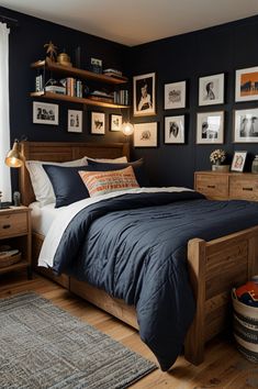 a bed room with a neatly made bed and lots of pictures on the wall above it