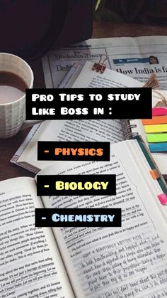 an open book with the title pro tips to study like boss in physics - biology