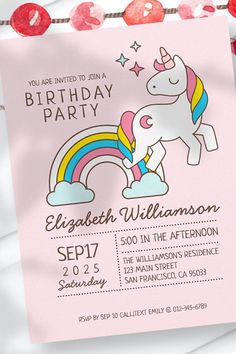 a pink birthday party card with a unicorn on the front and rainbow on the back