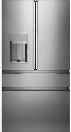 a stainless steel refrigerator freezer with water dispenser on the front and bottom