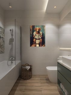 a bathroom with a tub, toilet and painting on the wall in front of it