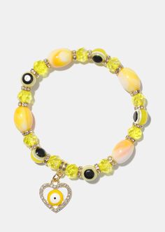 Light Color Bead Bracelet with Heart & evil Eye Yellow/gold JEWELRY - Shop Miss A Trendy Inelastic Round Beaded Jewelry, Trendy Multicolor Heart-shaped Charm Bracelet, Trendy Multicolor Jewelry With Heart Charm, Trendy Flexible Jewelry With Colorful Beads, Casual Gold Bracelets With Heart Beads, Trendy Dangle Heart Beads Jewelry, Casual Gold Bracelet With Heart Beads, Trendy Adjustable Yellow Jewelry, Adjustable Yellow Jewelry With Heart Beads