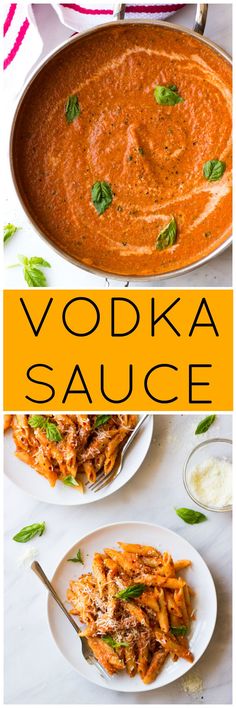 vodka sauce in a pan with the words vodka sauce above it and an image of food on