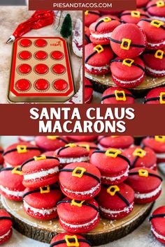 red velvet macarons with santa claus decorations on them are ready to be eaten